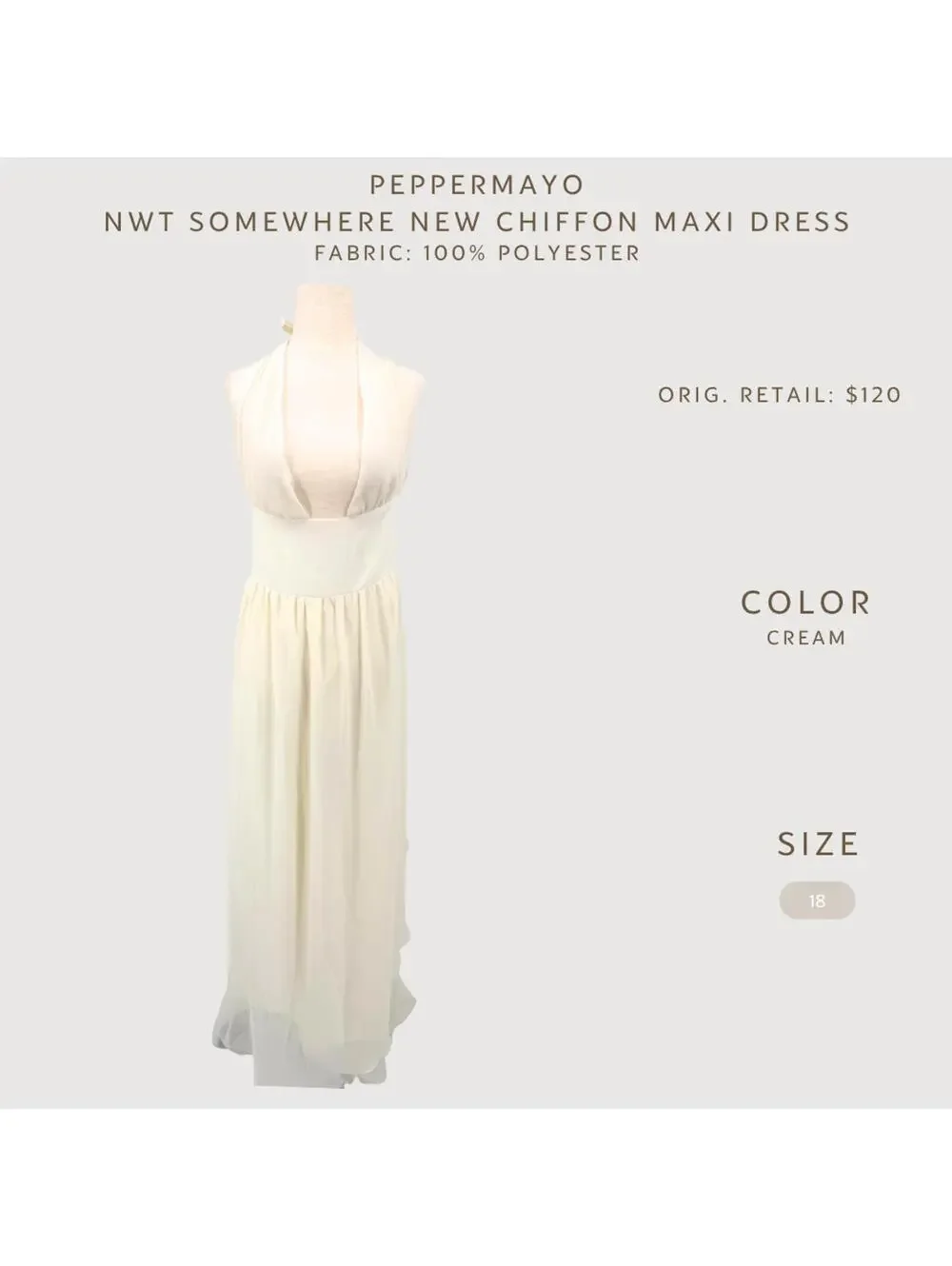 Peppermayo Chiffon Maxi Dress Cream Plunge Halter 18 - Picture 2 of 8